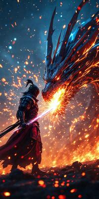 The primary subject of the image is a person, likely a warrior or a knight, holding a sword and facing a large, fire-breathing dragon. The setting appears to be a dark, fiery environment, possibly a battlefield or a magical realm. The visual style of the image is digital art, with the dragon and the person depicted in a detailed and realistic manner. The colors and mood of the image are intense and dramatic, with the fire from the dragon creating a sense of danger and excitement.